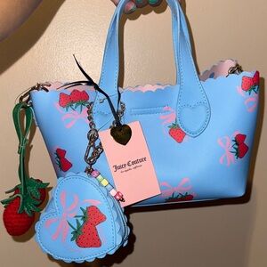 Juicy Couture Blue Sweet Strawberry Mini Tote with charms and long strap